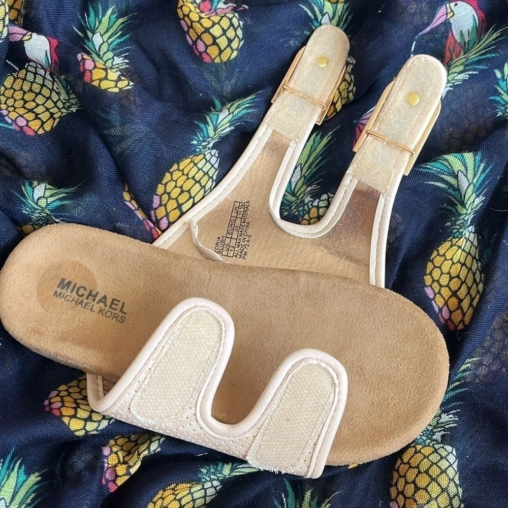 Brand New Michael Kors Zoria Adjustable Strap Slides Sandals Blush Gold Tone